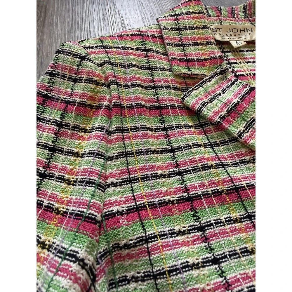 Vintage St. John Collection Knit Fringe Multicolor Plaid Jacket Skirt Suit Set - Picture 8 of 16